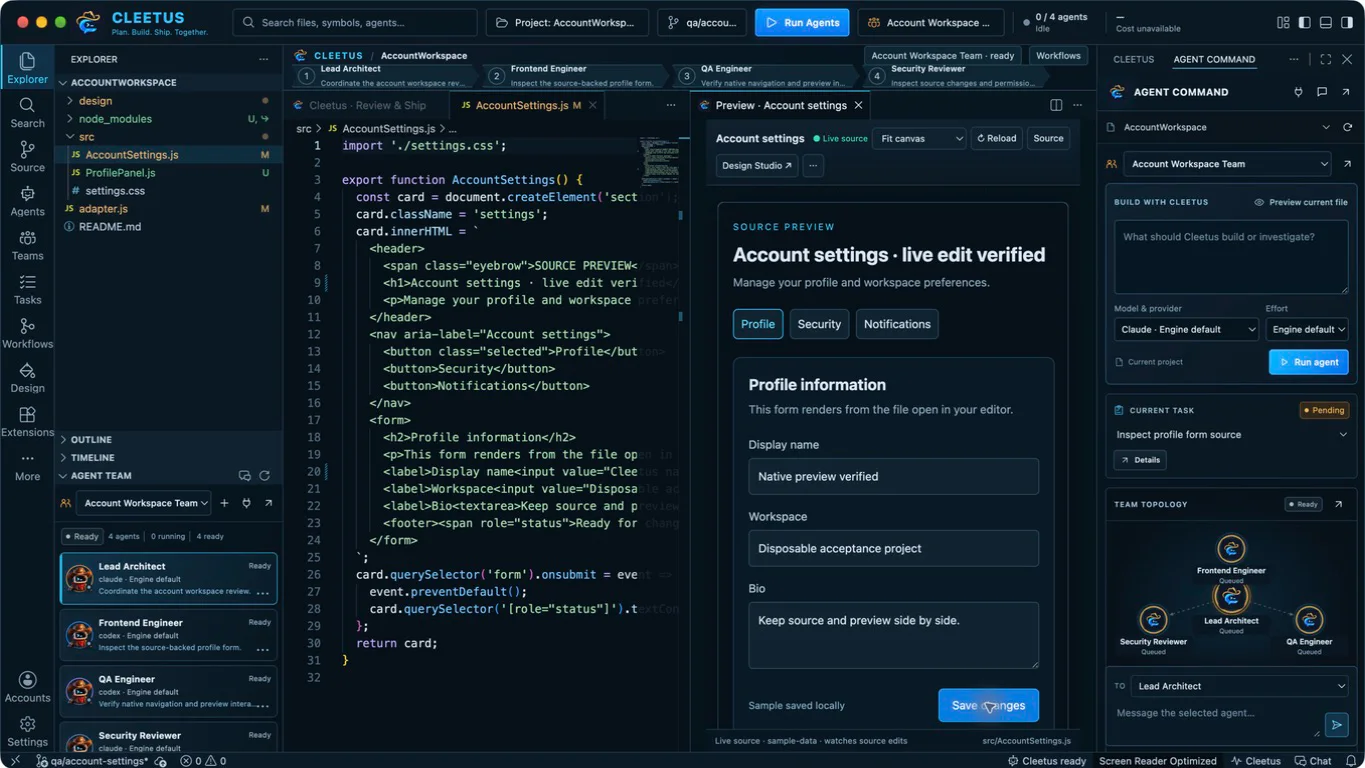 Cleetus IDE with the explorer and agent team on the left, source and a live component preview in the center, and Agent Command on the right