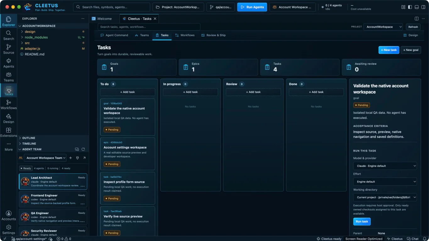 Cleetus IDE Tasks board with pending tasks and an inspector